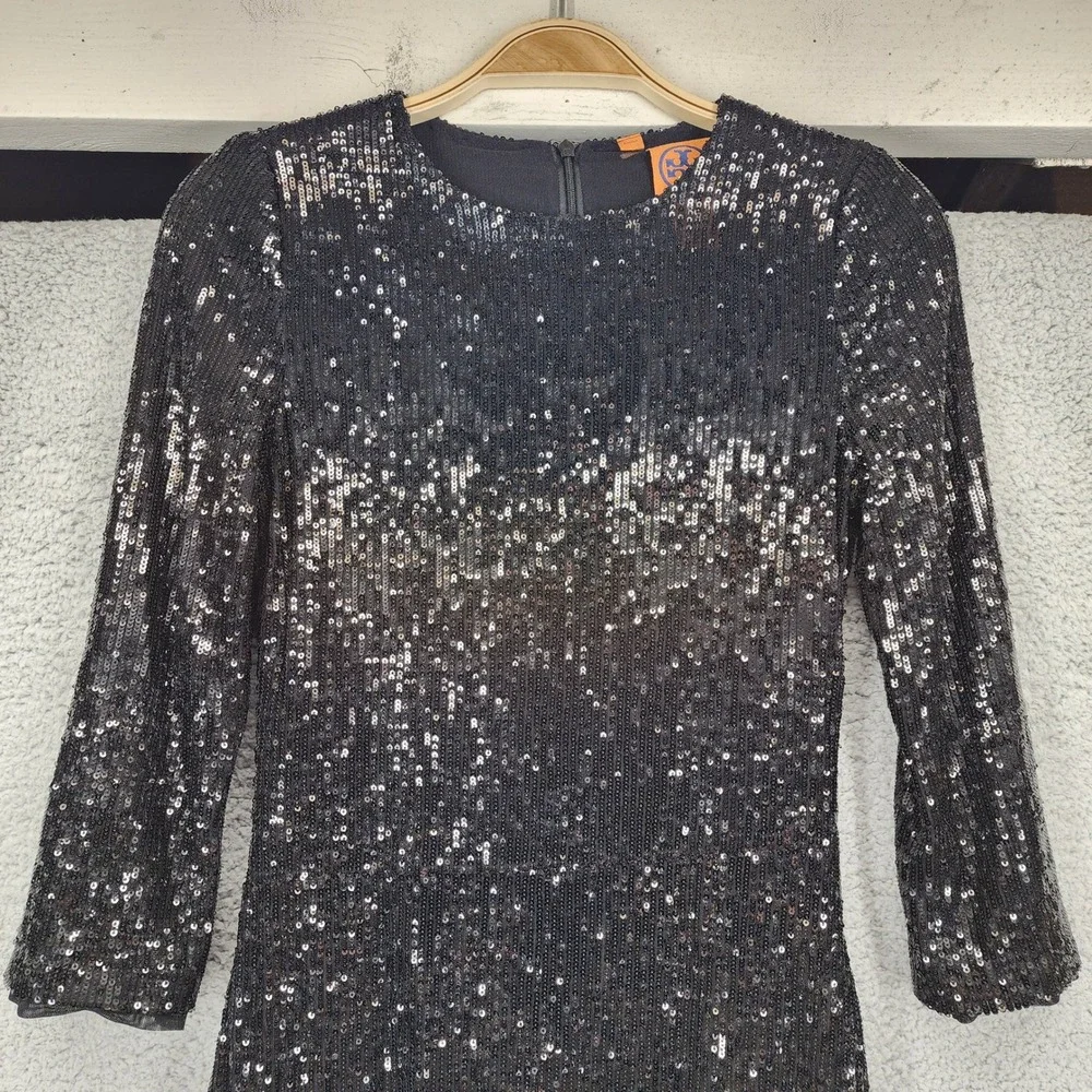 Tory Burch Black Sequin Dress Extra Small XS 3/4 Sleeve Party‎ Cocktail